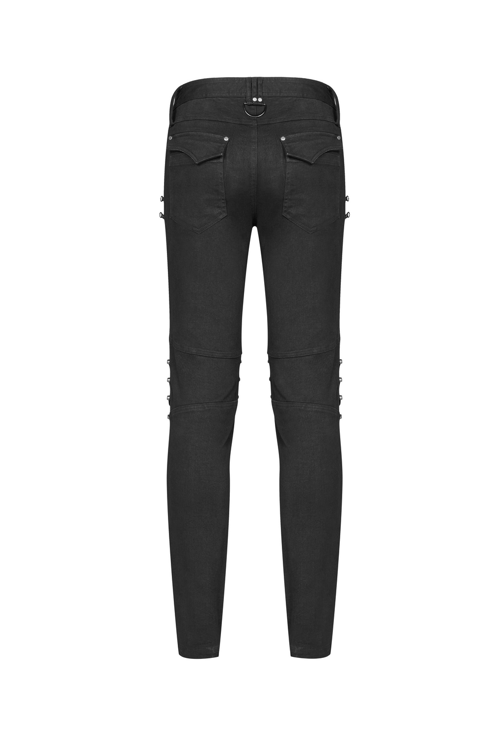 Back view of distressed denim jeans featuring knee armor detail for a rugged, stylish look.
